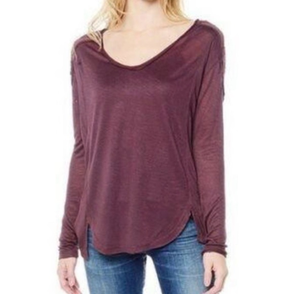 Free People The Gatsby Embroidered Mesh Wine Long Sleeve V-Neck Tee Tunic Top - Picture 6 of 14